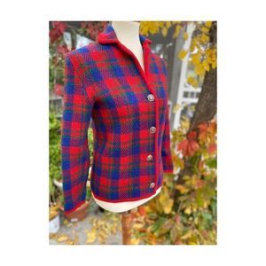 50s 60s Hudson’s Bay Plaid Wool Sweater Metal Crest Buttons Jacket Rare Sz 37